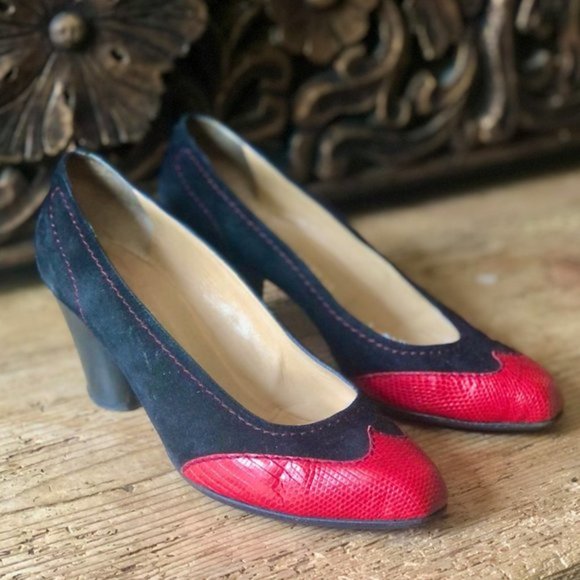 Vtg BOTTEGA VENETA Wingtip Snakeskin Leather Suede Contrast Stitch Heels 6.5 - Picture 6 of 16